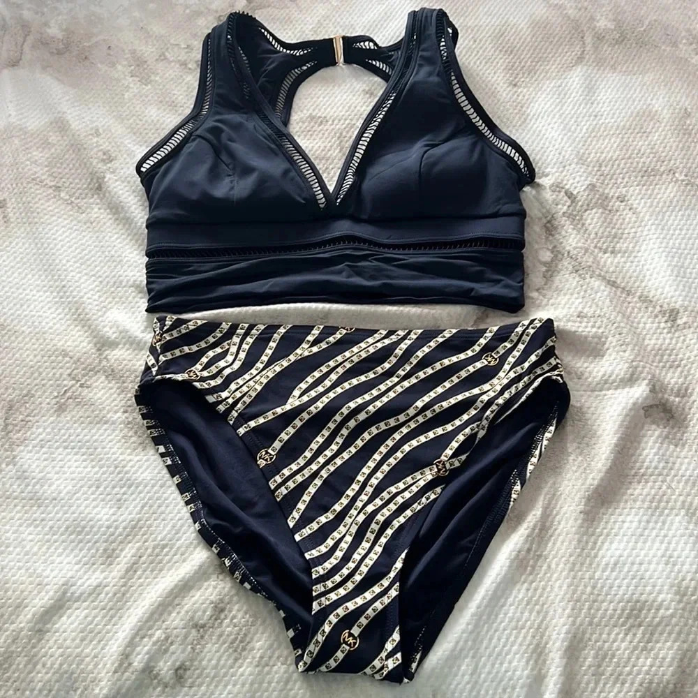 Michael Kors Solid Deep V Crop Bikini Top Large Navy Blue and Bottom Size Large - Picture 8 of 10